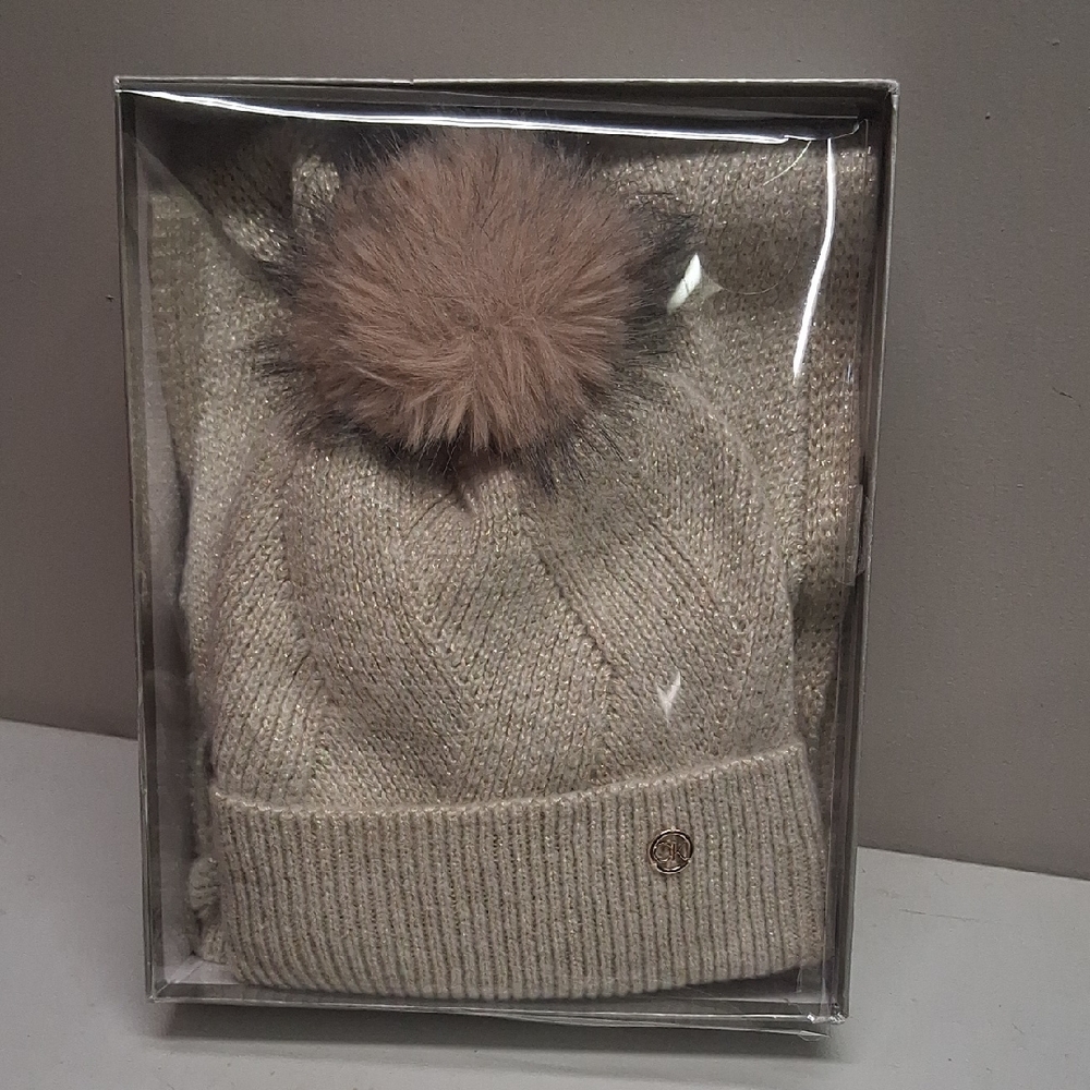 Calvin Klein Collection Beige Knit Hat with Faux Fur Pom